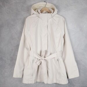The North Face Coat Womens XL White HyVent Hooded Belted Rain Jacket Mid Length
